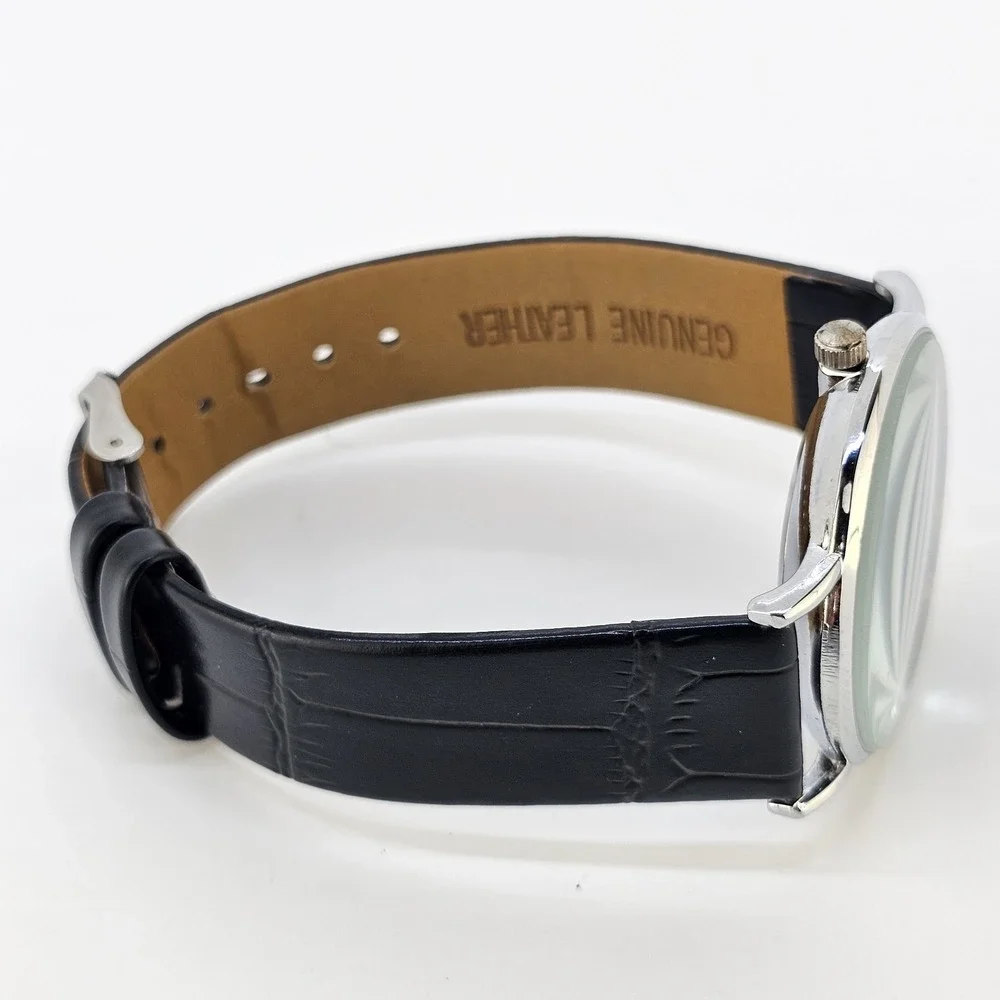 Men's Analog Watch 38MM Black Dial Black Faux Leather Bands New Battery